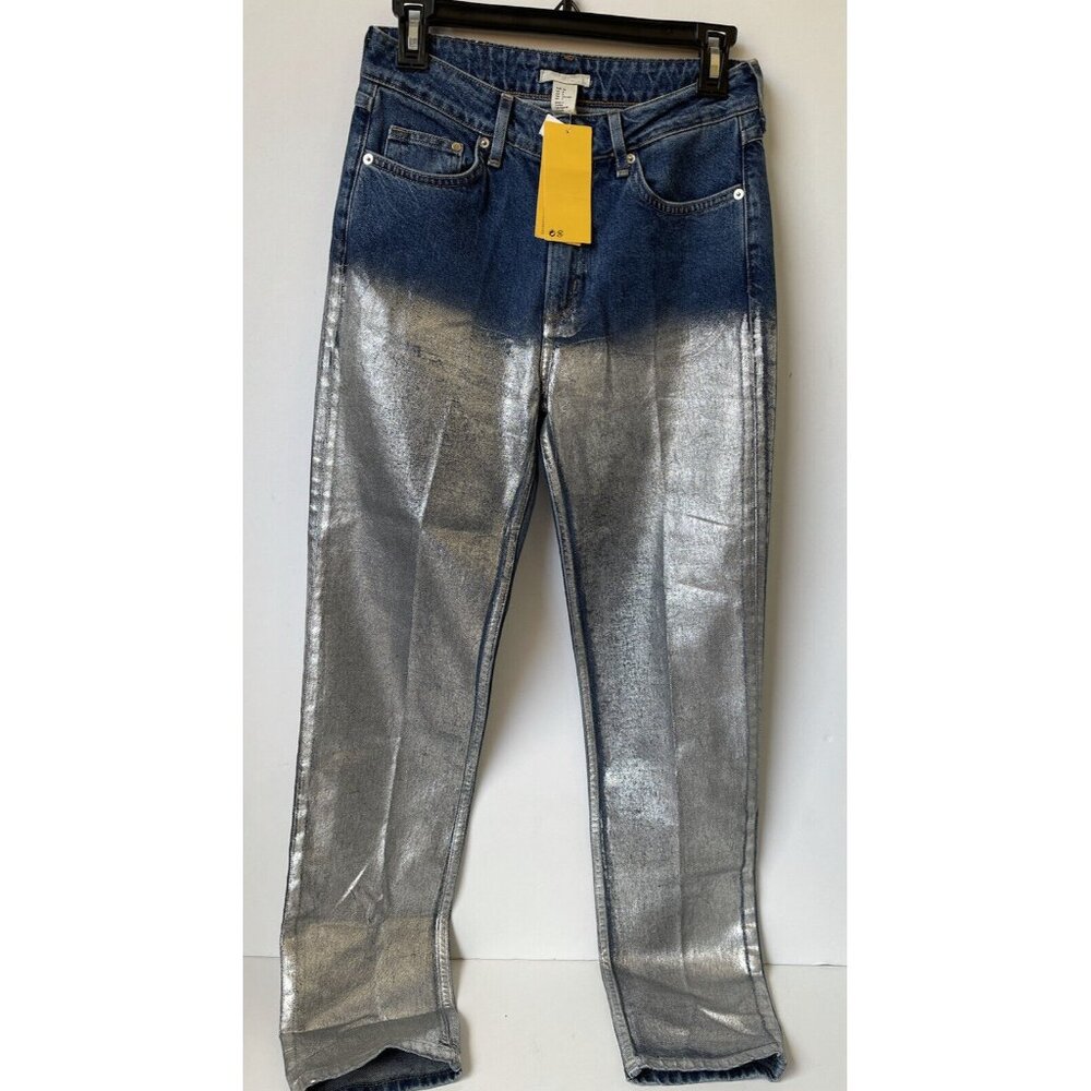 H&M Womens Ombré High Rise Metallic Silver Straight leg Mom Jeans size 6